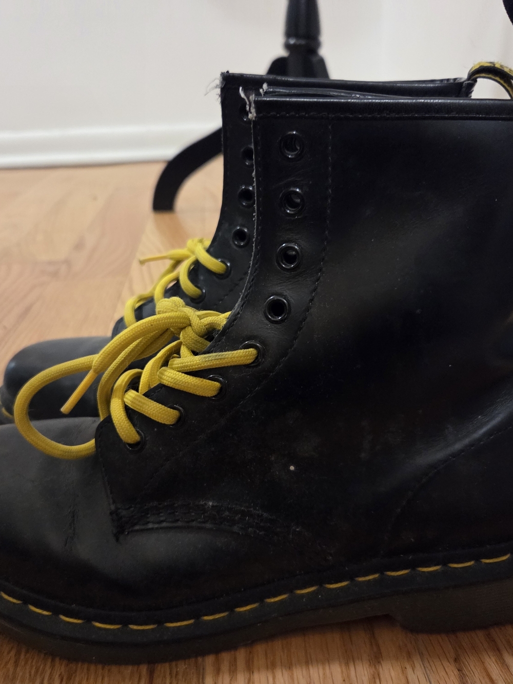 Dr. Martens Black Leather Combat Boots with Yellow Laces
